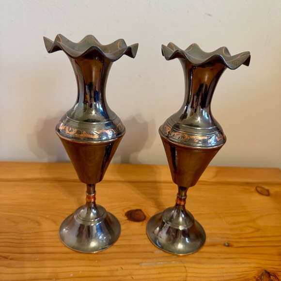 Vintage Bud Vase Set Pair Hand Etched Metal Dark Silver Copper Color - Picture 2 of 7